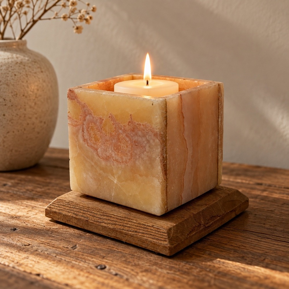 Vintage Tan Peach Stone Onyx Marble Square Cube Votive Candle Holder Home Decor